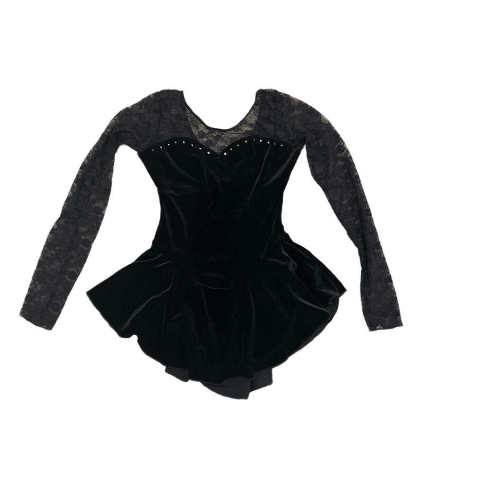 Black Velvet Skater/Dance Dress with Lace Sleeves and Rhinestones